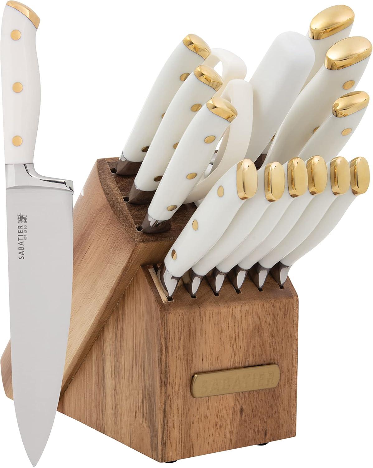 image:imageSabatier 15Piece Forged Triple Rivet Knife Block Set HighCarbon Stainless Steel Kitchen Knives RazorSharp Knife set with Acacia Wood Block Black HandlesWhite and Gold