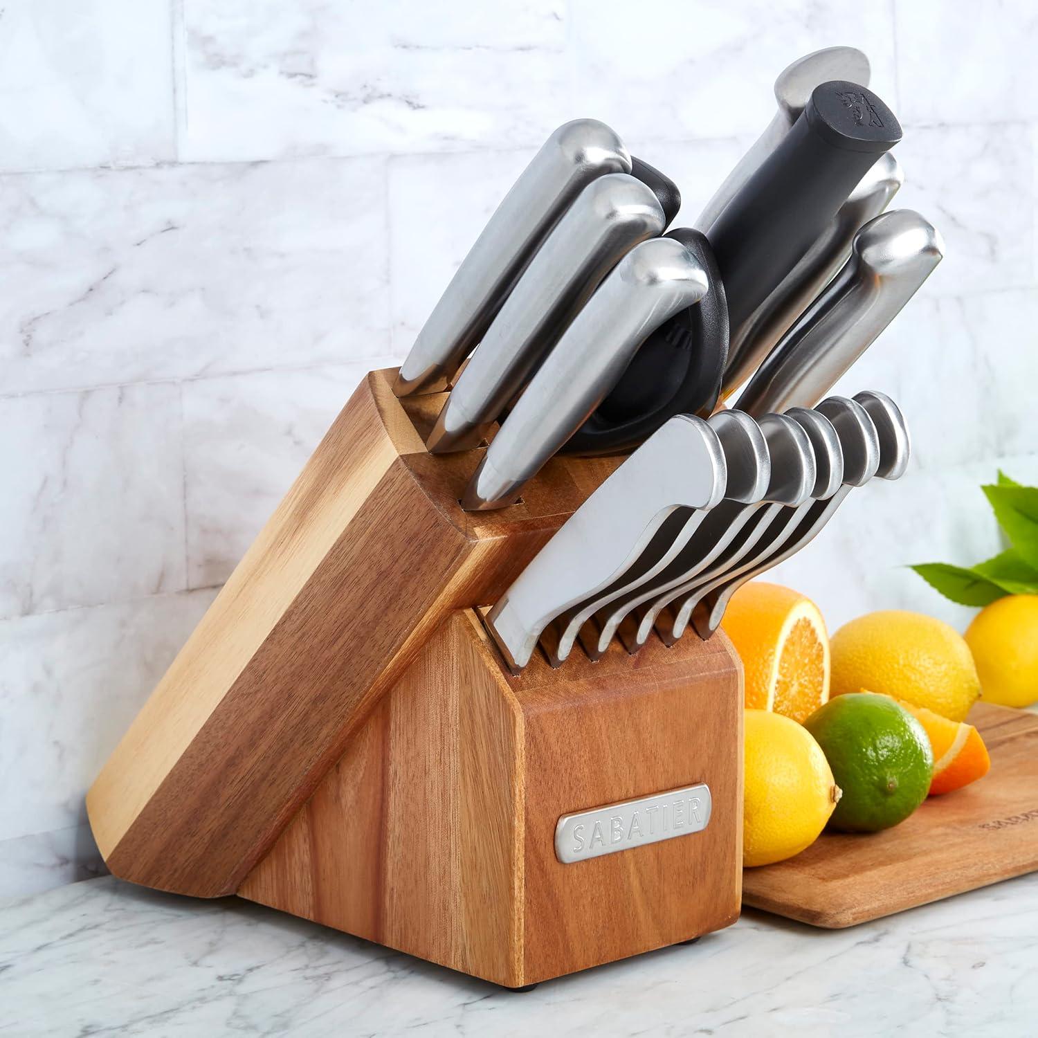 image:imageSabatier 15Piece Forged Triple Rivet Knife Block Set HighCarbon Stainless Steel Kitchen Knives RazorSharp Knife set with Acacia Wood Block Black HandlesAcacia