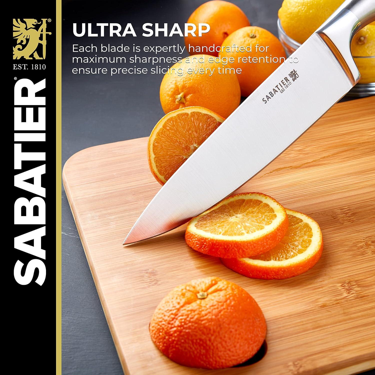 image:imageSabatier 15Piece Forged Triple Rivet Knife Block Set HighCarbon Stainless Steel Kitchen Knives RazorSharp Knife set with Acacia Wood Block Black HandlesAcacia