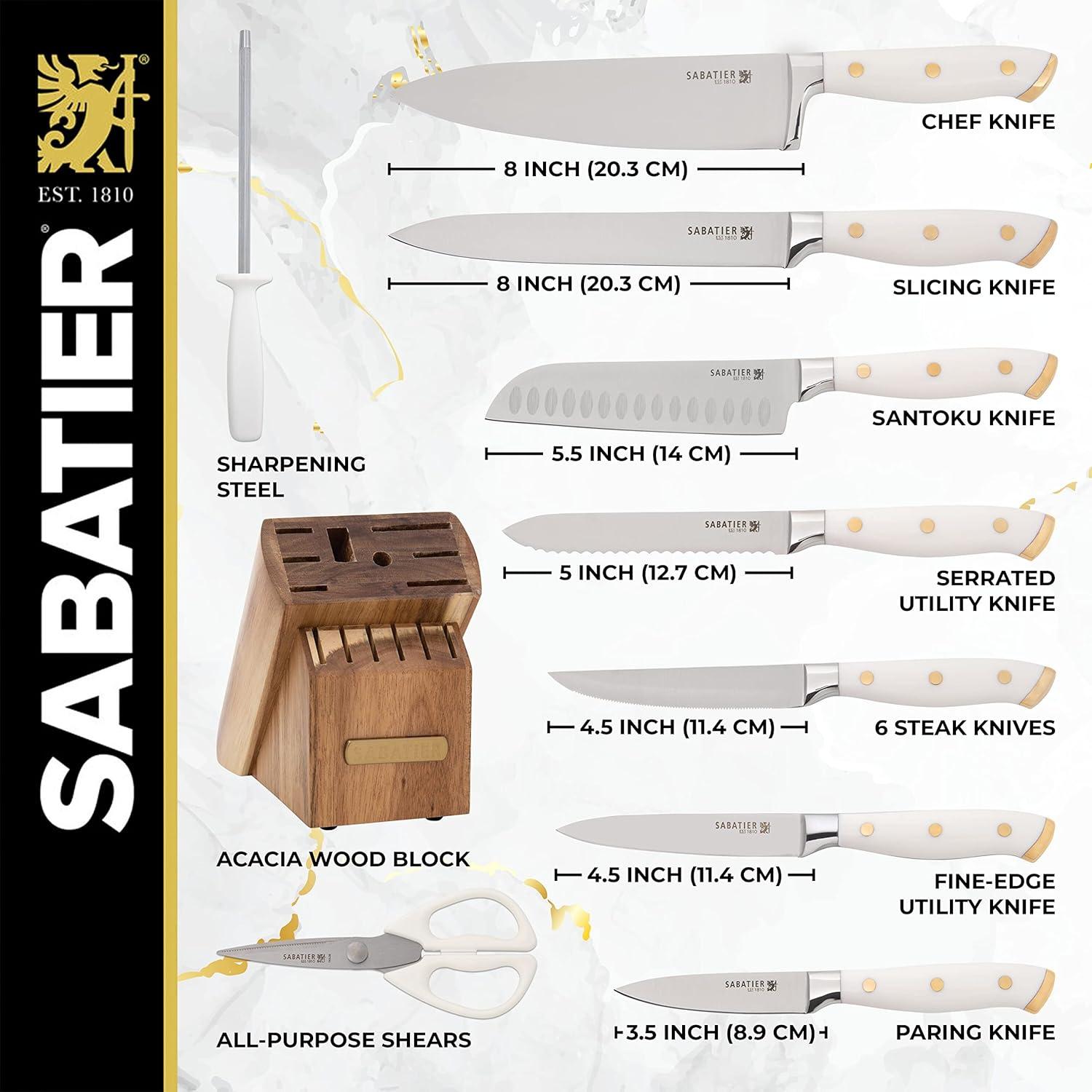 image:imageSabatier 15Piece Forged Triple Rivet Knife Block Set HighCarbon Stainless Steel Kitchen Knives RazorSharp Knife set with Acacia Wood Block Black HandlesWhite and Gold