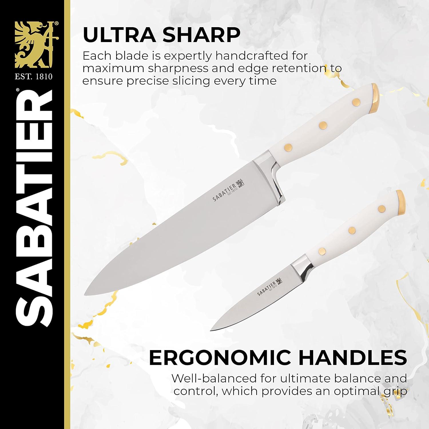 image:imageSabatier 15Piece Forged Triple Rivet Knife Block Set HighCarbon Stainless Steel Kitchen Knives RazorSharp Knife set with Acacia Wood Block Black HandlesWhite and Gold