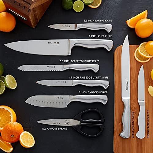 image:imageSabatier 15Piece Forged Triple Rivet Knife Block Set HighCarbon Stainless Steel Kitchen Knives RazorSharp Knife set with Acacia Wood Block Black HandlesAcacia