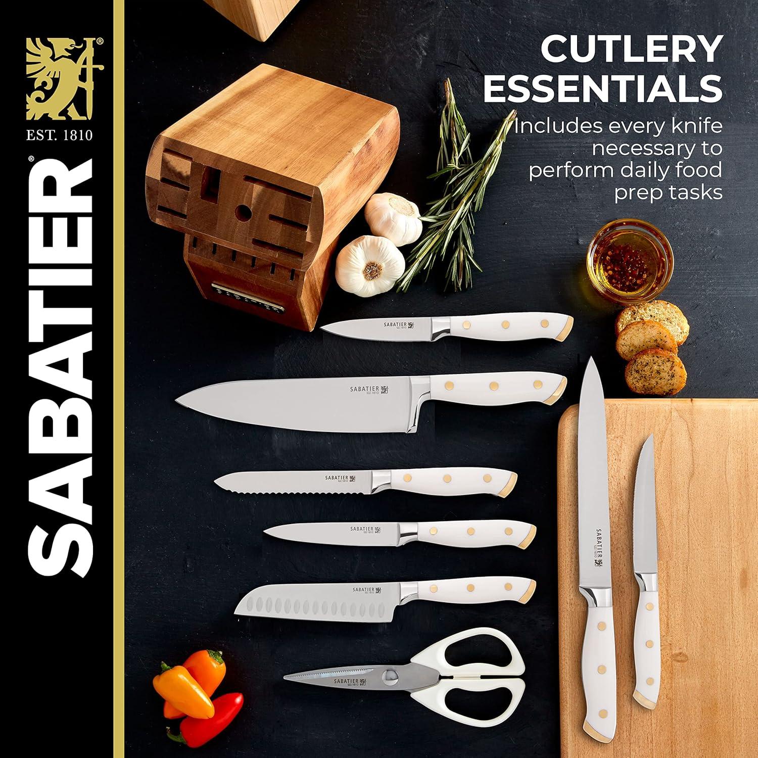 image:imageSabatier 15Piece Forged Triple Rivet Knife Block Set HighCarbon Stainless Steel Kitchen Knives RazorSharp Knife set with Acacia Wood Block Black HandlesWhite and Gold