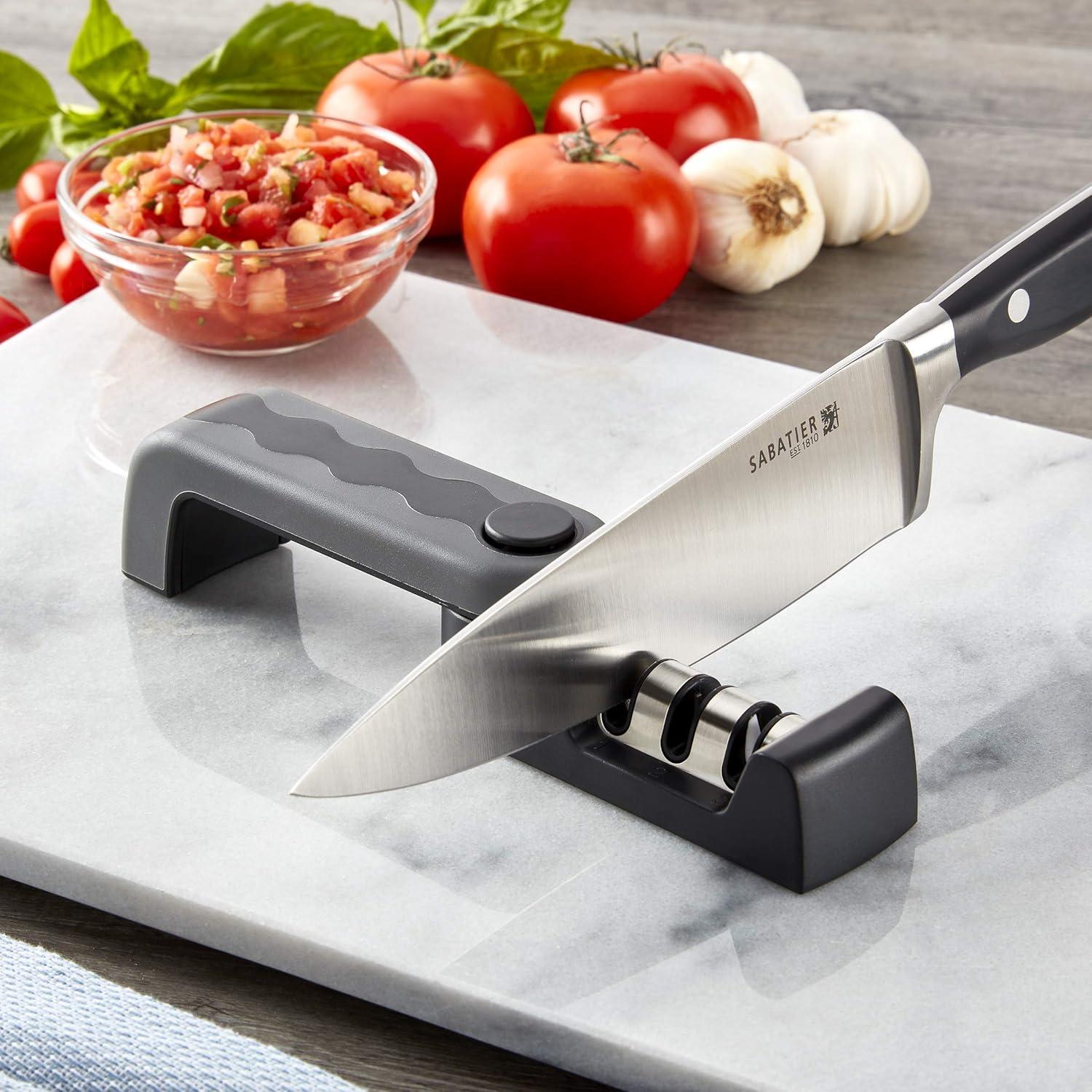 image:imageSabatier 3 Stage Knife Sharpener SpaceSaving Kitchen Knife Sharpener with NonSlip Base EasyToUse Folding Knife Sharpening System to Polish Sharpen and Repair Kitchen Knives Black