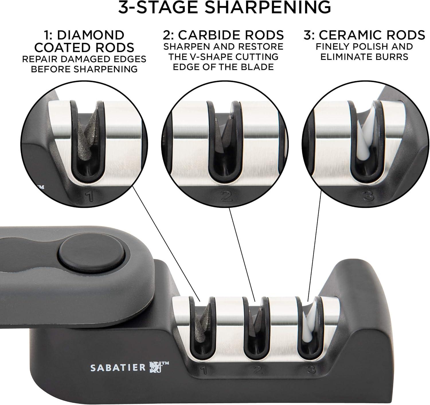 image:imageSabatier 3 Stage Knife Sharpener SpaceSaving Kitchen Knife Sharpener with NonSlip Base EasyToUse Folding Knife Sharpening System to Polish Sharpen and Repair Kitchen Knives Black