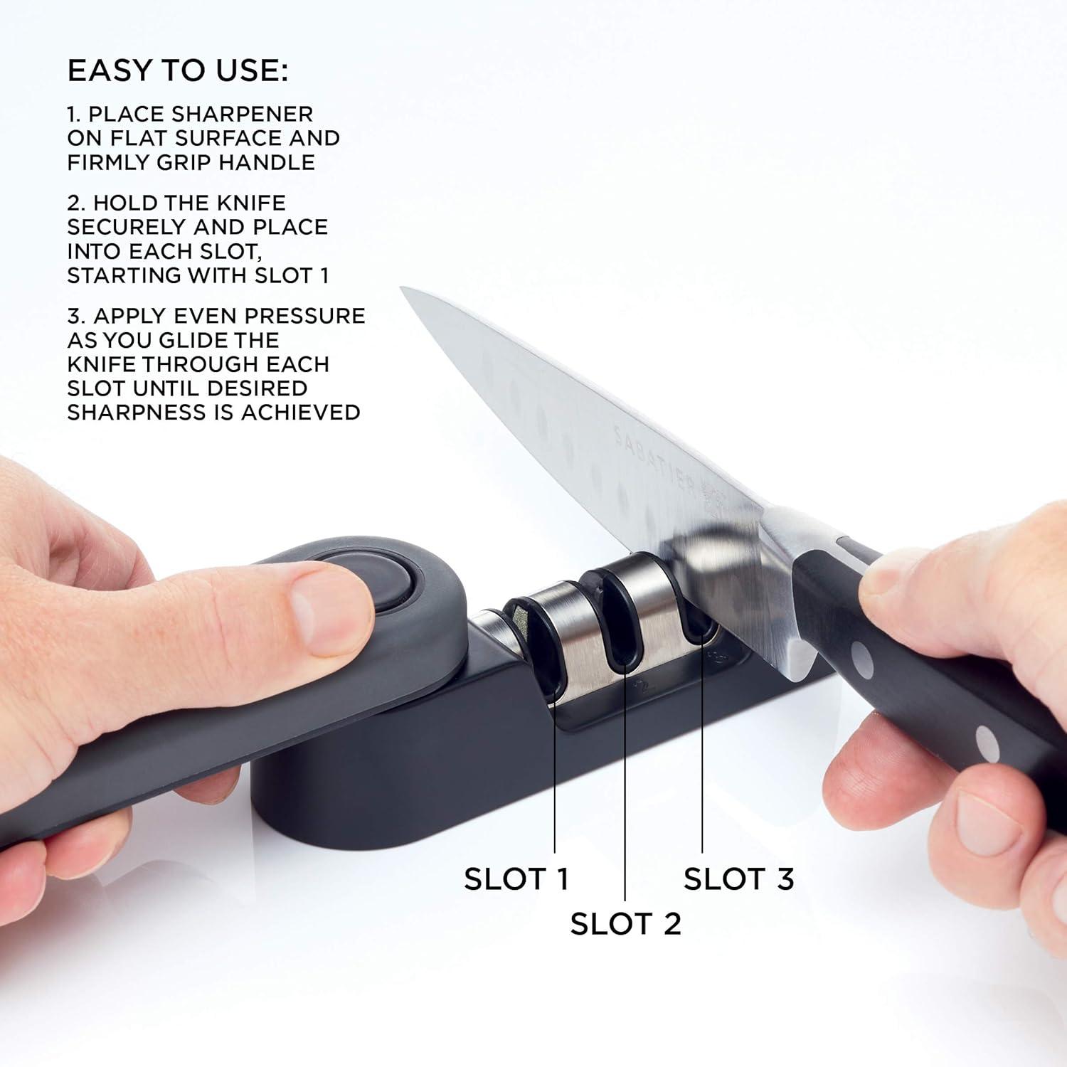 image:imageSabatier 3 Stage Knife Sharpener SpaceSaving Kitchen Knife Sharpener with NonSlip Base EasyToUse Folding Knife Sharpening System to Polish Sharpen and Repair Kitchen Knives Black