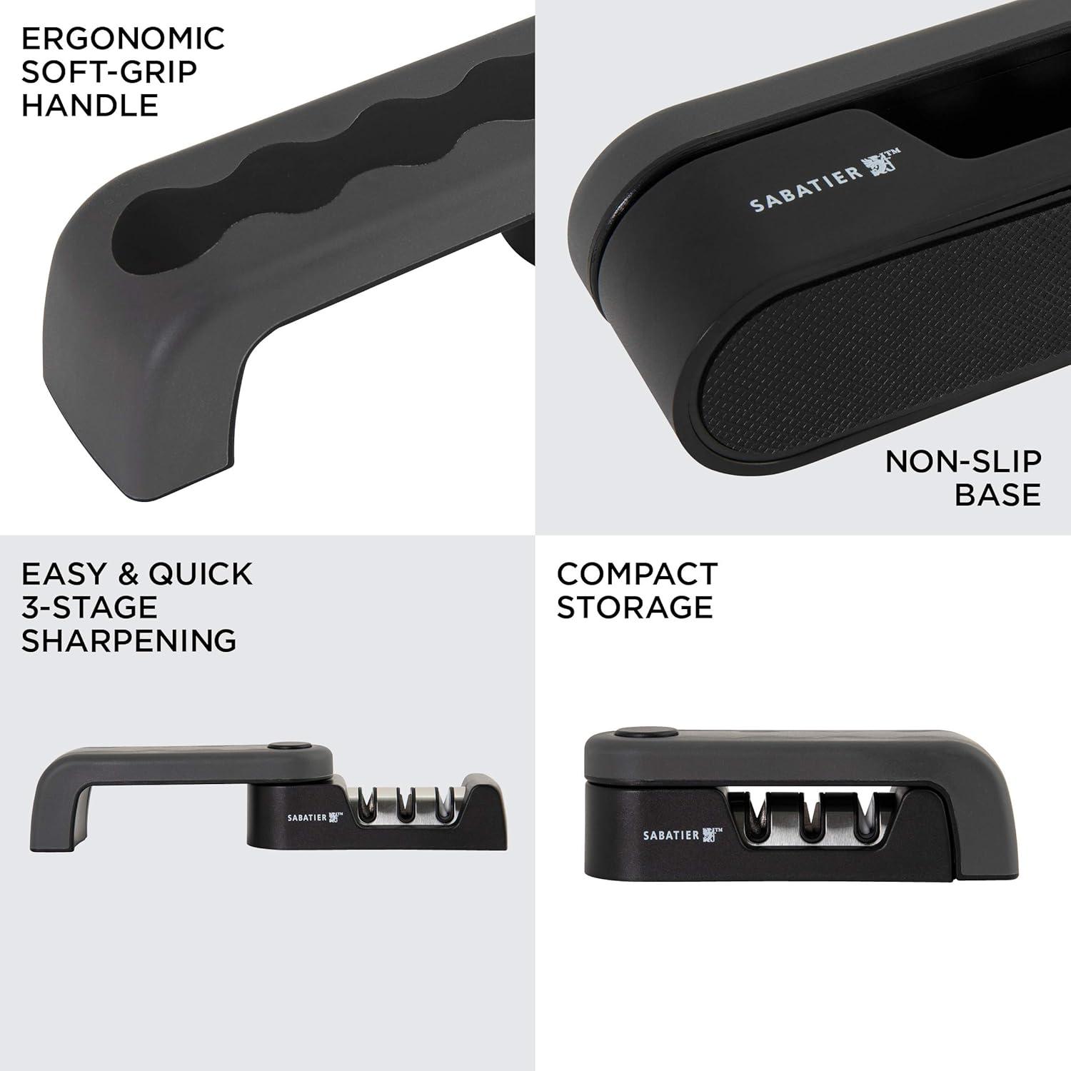image:imageSabatier 3 Stage Knife Sharpener SpaceSaving Kitchen Knife Sharpener with NonSlip Base EasyToUse Folding Knife Sharpening System to Polish Sharpen and Repair Kitchen Knives Black