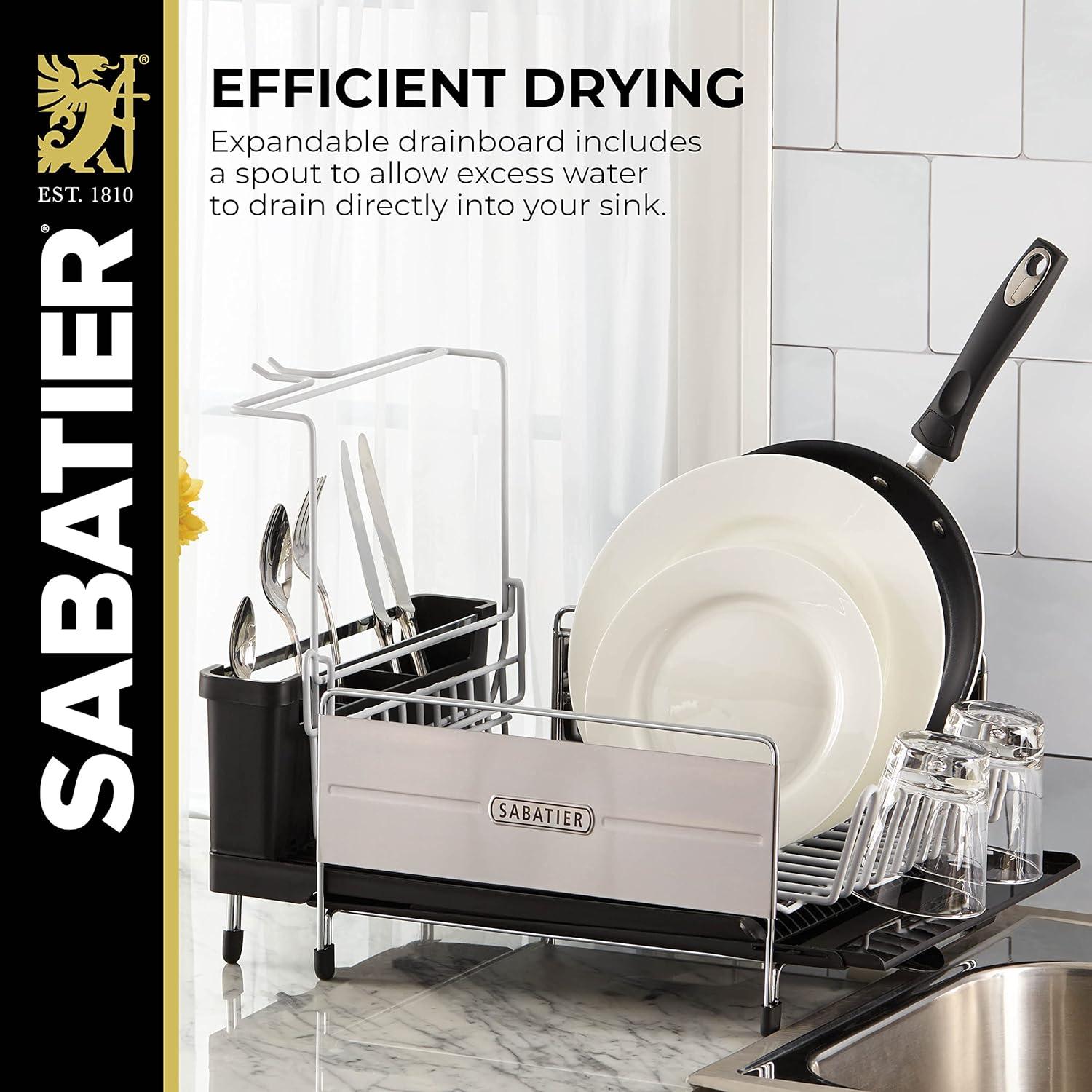 image:imageSabatier Expandable Stainless Steel Dish Rack with RustResistant Soft Coated Wires and BiDirectional Spout with Utensil Caddy and Removable Stemware HolderGrayBlack