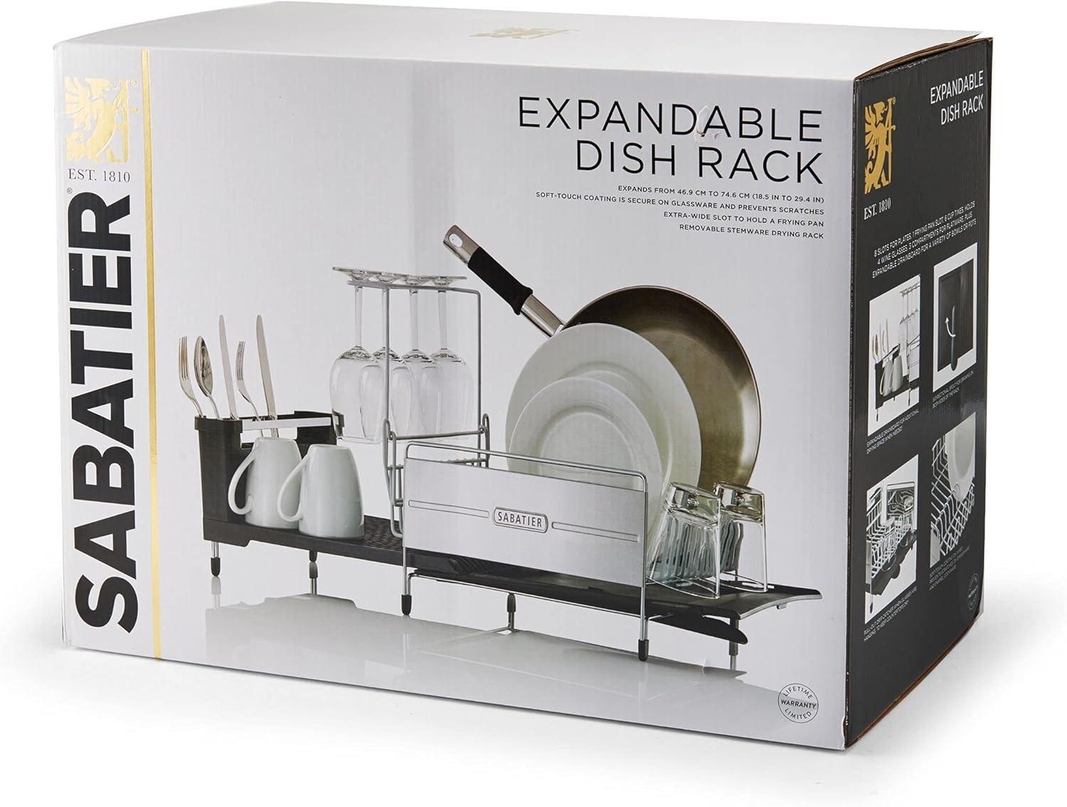 image:imageSabatier Expandable Stainless Steel Dish Rack with RustResistant Soft Coated Wires and BiDirectional Spout with Utensil Caddy and Removable Stemware HolderGrayBlack