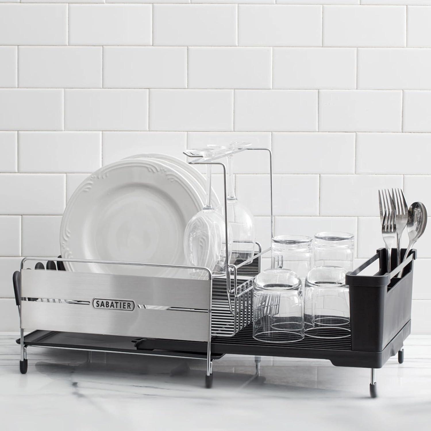 image:imageSabatier Expandable Stainless Steel Dish Rack with RustResistant Soft Coated Wires and BiDirectional Spout with Utensil Caddy and Removable Stemware HolderGrayBlack