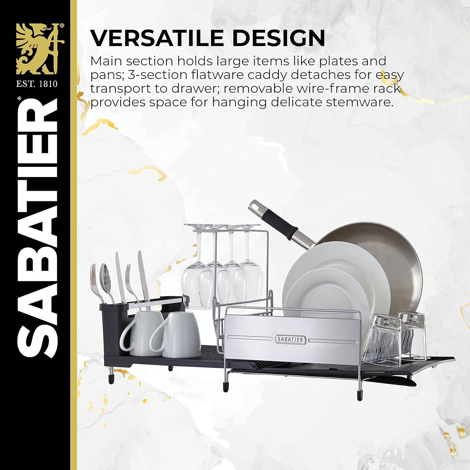 image:imageSabatier Expandable Stainless Steel Dish Rack with RustResistant Soft Coated Wires and BiDirectional Spout with Utensil Caddy and Removable Stemware HolderGrayBlack