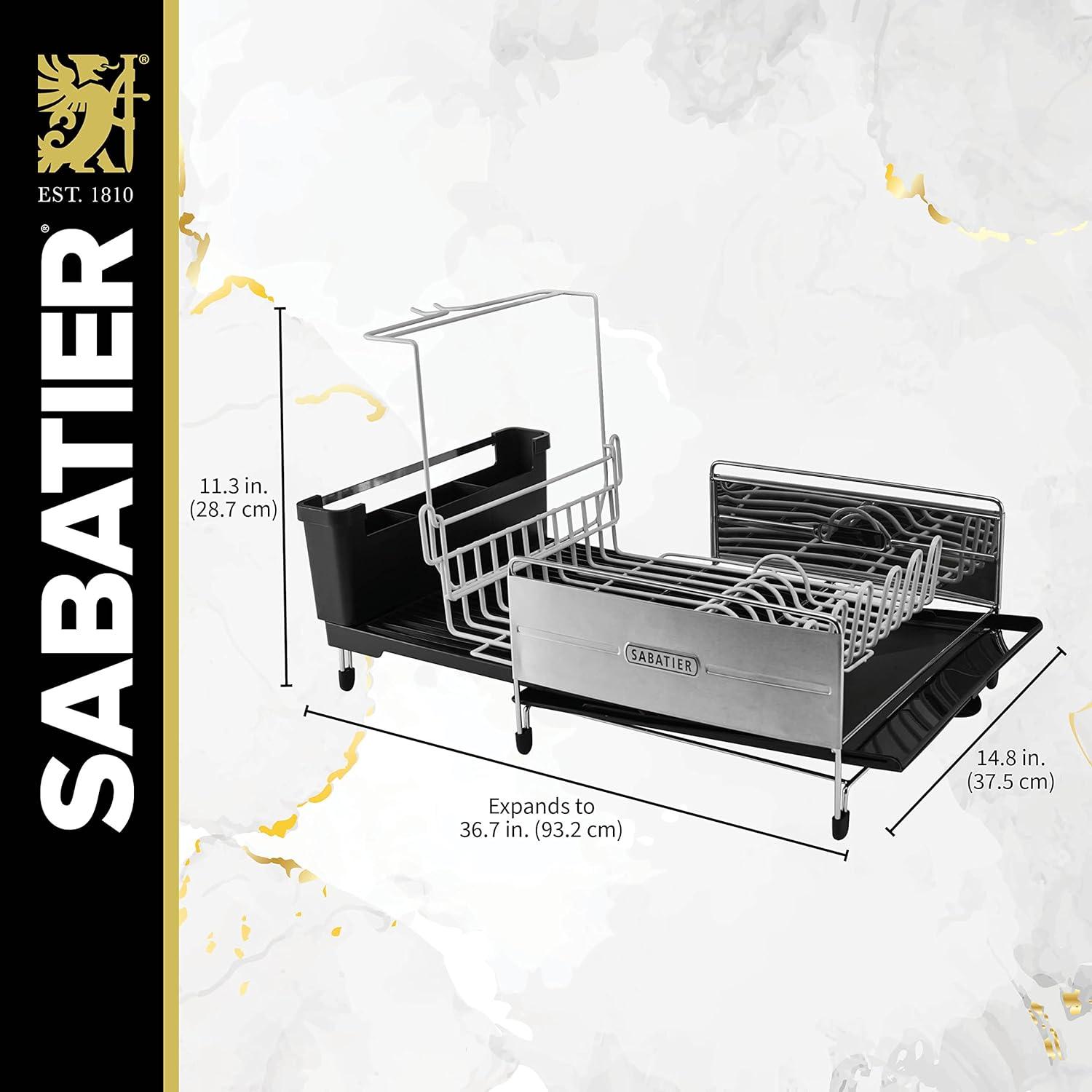 image:imageSabatier Expandable Stainless Steel Dish Rack with RustResistant Soft Coated Wires and BiDirectional Spout with Utensil Caddy and Removable Stemware HolderGrayBlack