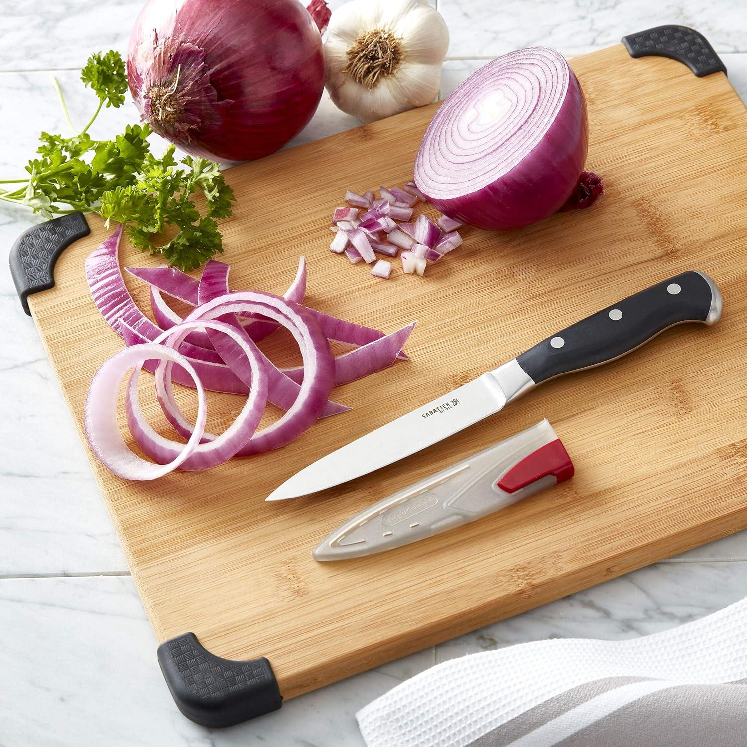 image:imageSabatier Forged Stainless Steel Chef Knife with Edgekeeper SelfSharpening Blade Cover HighCarbon Stainless Steel Kitchen Knife RazorSharp Knife to Cut Fruit Vegetables and more 8Inch Black45Inch Utility Knife