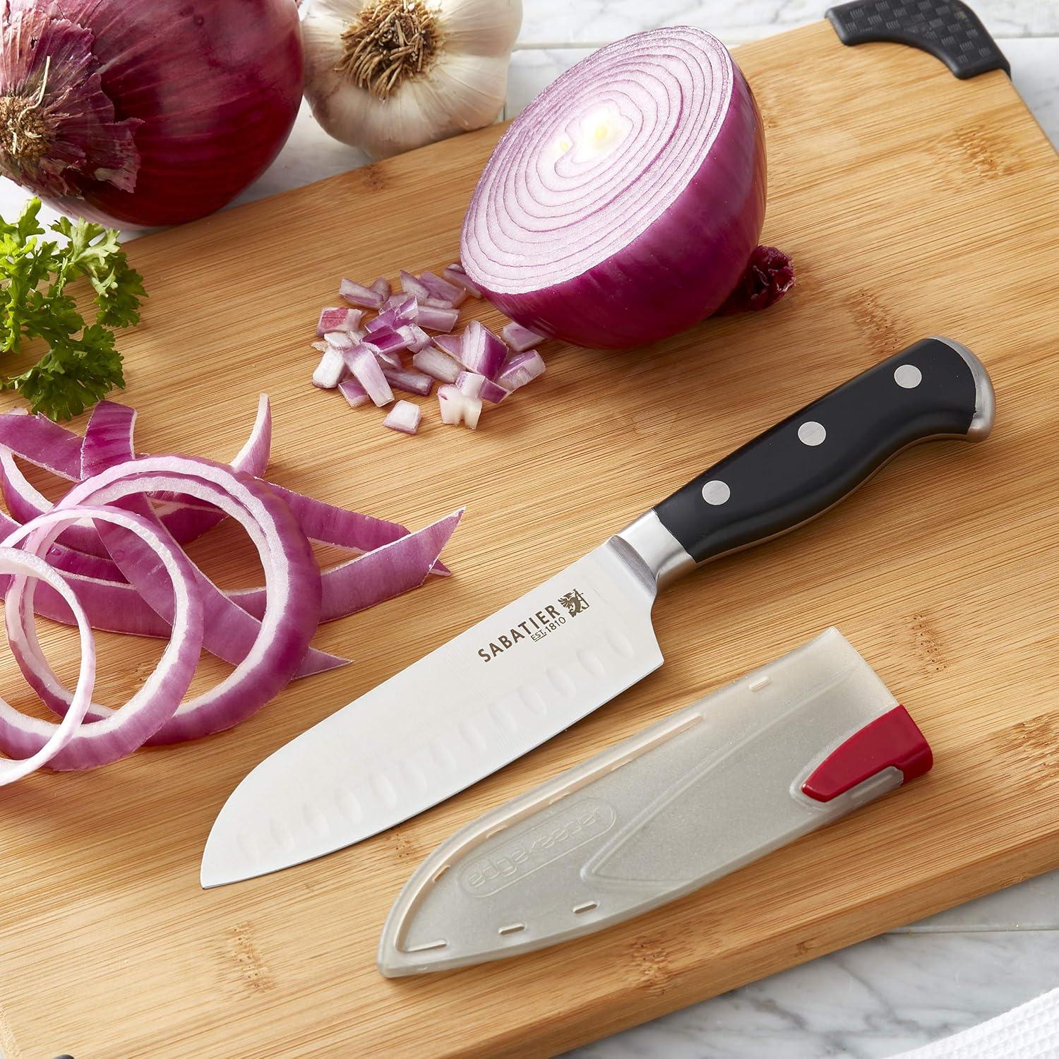 image:imageSabatier Forged Stainless Steel Chef Knife with Edgekeeper SelfSharpening Blade Cover HighCarbon Stainless Steel Kitchen Knife RazorSharp Knife to Cut Fruit Vegetables and more 8Inch Black5Inch Santoku Knife
