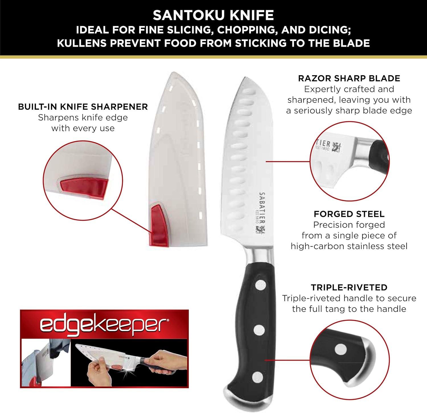image:imageSabatier Forged Stainless Steel Chef Knife with Edgekeeper SelfSharpening Blade Cover HighCarbon Stainless Steel Kitchen Knife RazorSharp Knife to Cut Fruit Vegetables and more 8Inch Black5Inch Santoku Knife