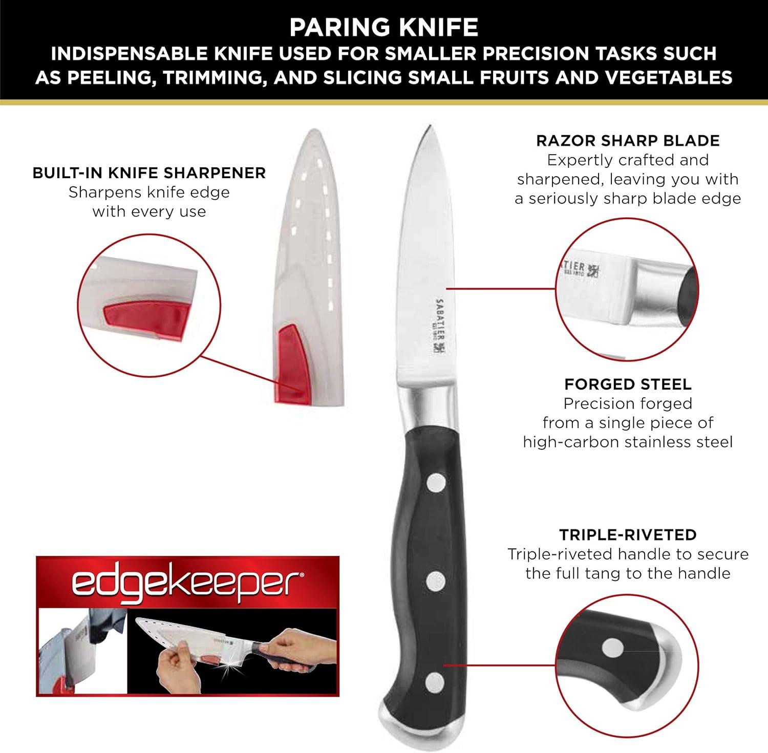 image:imageSabatier Forged Stainless Steel Chef Knife with Edgekeeper SelfSharpening Blade Cover HighCarbon Stainless Steel Kitchen Knife RazorSharp Knife to Cut Fruit Vegetables and more 8Inch Black35Inch Paring Knife