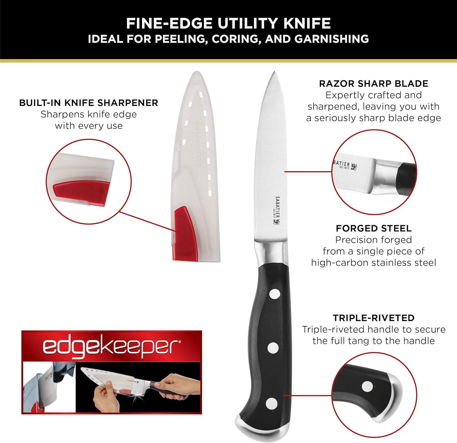 image:imageSabatier Forged Stainless Steel Chef Knife with Edgekeeper SelfSharpening Blade Cover HighCarbon Stainless Steel Kitchen Knife RazorSharp Knife to Cut Fruit Vegetables and more 8Inch Black45Inch Utility Knife
