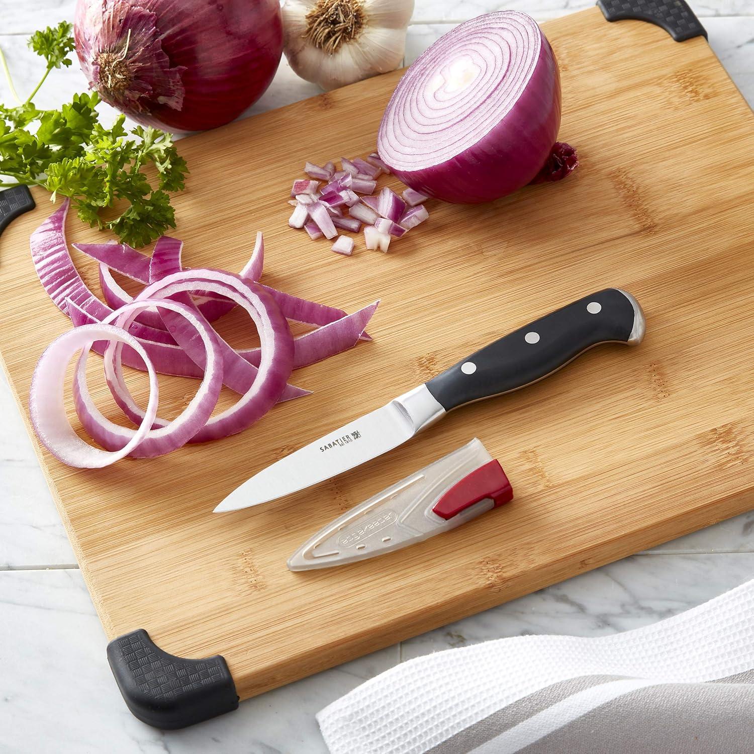 image:imageSabatier Forged Stainless Steel Chef Knife with Edgekeeper SelfSharpening Blade Cover HighCarbon Stainless Steel Kitchen Knife RazorSharp Knife to Cut Fruit Vegetables and more 8Inch Black35Inch Paring Knife