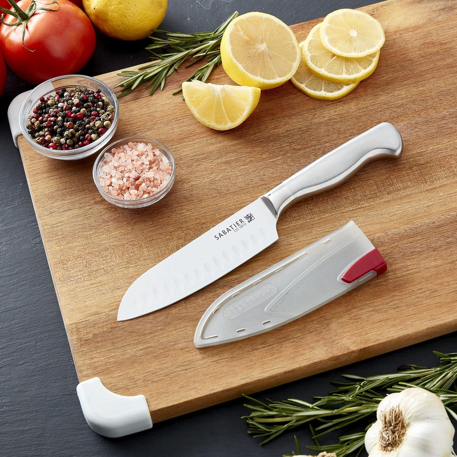 image:imageSabatier Forged Stainless Steel Slicing Knife with Edgekeeper SelfSharpening Blade Cover HighCarbon Stainless Steel Kitchen Knife RazorSharp Knife to Cut Fruit Vegetables and more 8Inch5Inch Santoku Knife