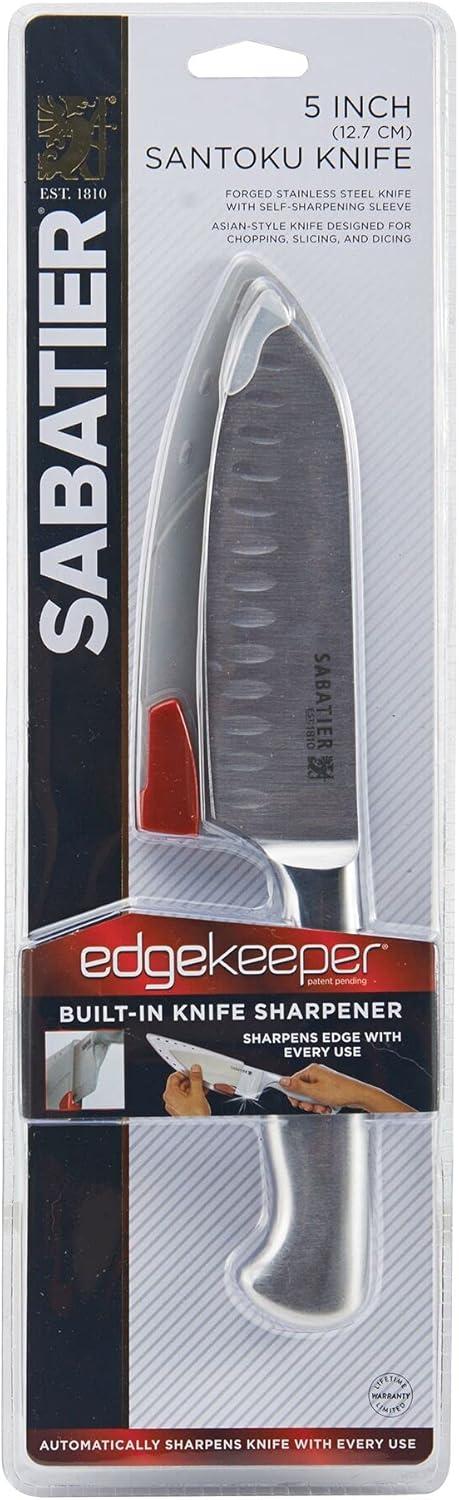 image:imageSabatier Forged Stainless Steel Slicing Knife with Edgekeeper SelfSharpening Blade Cover HighCarbon Stainless Steel Kitchen Knife RazorSharp Knife to Cut Fruit Vegetables and more 8Inch5Inch Santoku Knife