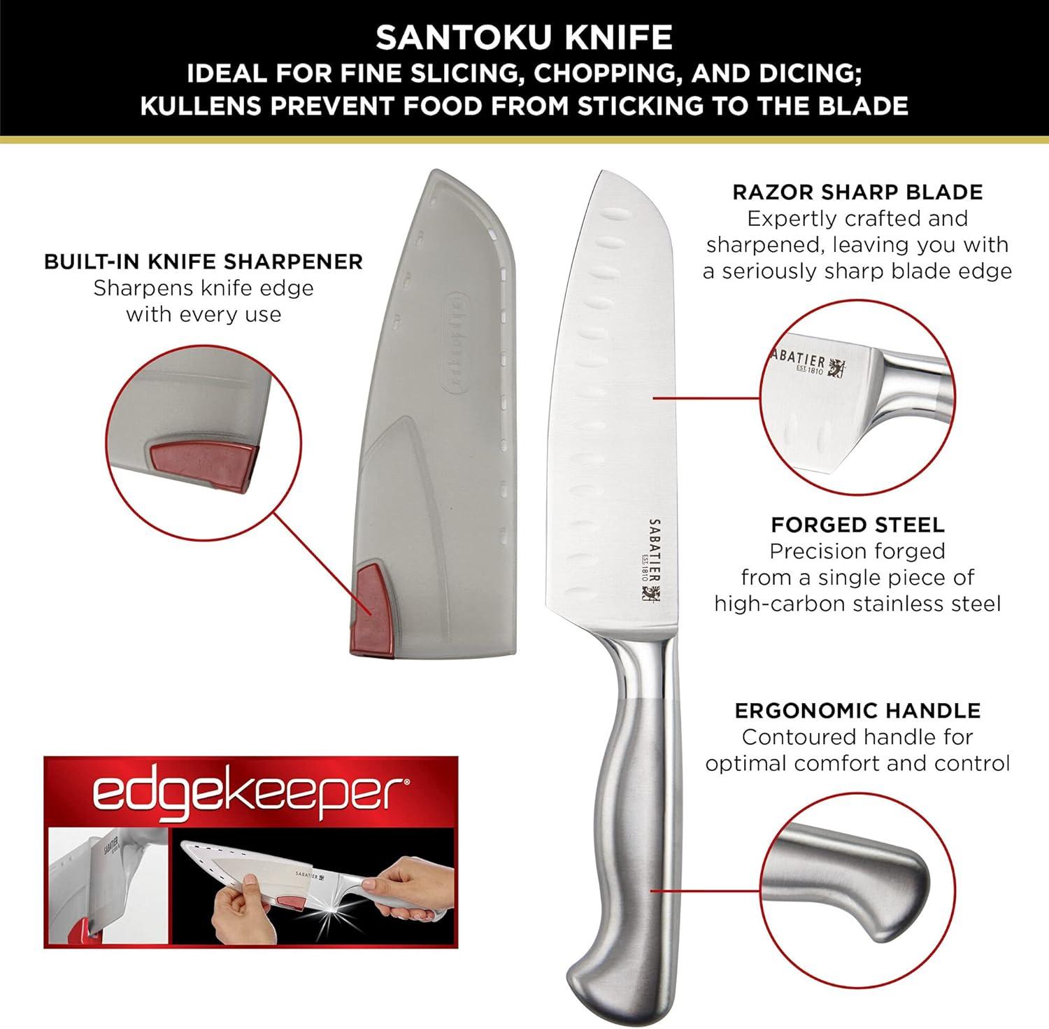 image:imageSabatier Forged Stainless Steel Slicing Knife with Edgekeeper SelfSharpening Blade Cover HighCarbon Stainless Steel Kitchen Knife RazorSharp Knife to Cut Fruit Vegetables and more 8Inch5Inch Santoku Knife