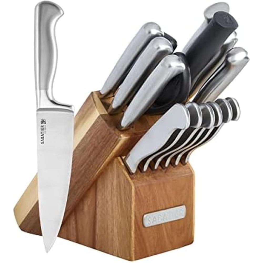 image:imageSabatier 15Piece Forged Triple Rivet Knife Block Set HighCarbon Stainless Steel Kitchen Knives RazorSharp Knife set with Acacia Wood Block Black HandlesAcacia