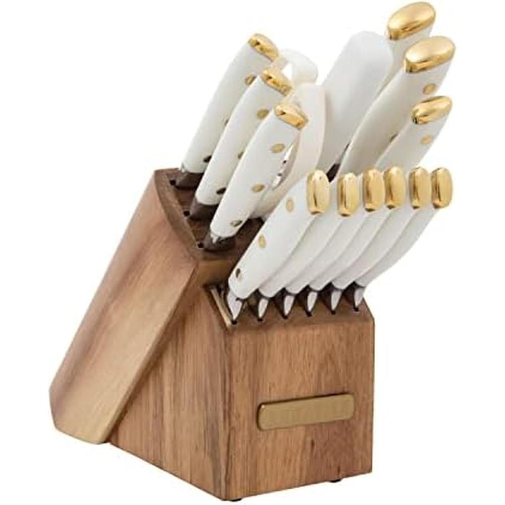 image:imageSabatier 15Piece Forged Triple Rivet Knife Block Set HighCarbon Stainless Steel Kitchen Knives RazorSharp Knife set with Acacia Wood Block Black HandlesWhite and Gold