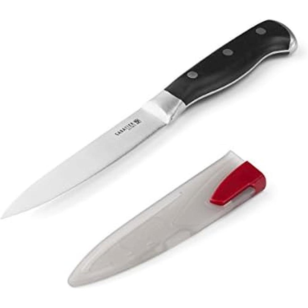 image:imageSabatier Forged Stainless Steel Chef Knife with Edgekeeper SelfSharpening Blade Cover HighCarbon Stainless Steel Kitchen Knife RazorSharp Knife to Cut Fruit Vegetables and more 8Inch Black45Inch Utility Knife