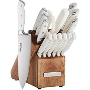 image:imageSabatier 15Piece Forged Triple Rivet Knife Block Set HighCarbon Stainless Steel Kitchen Knives RazorSharp Knife set with Acacia Wood Block Black HandlesWhite