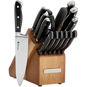 image:imageSabatier 15Piece Forged Triple Rivet Knife Block Set HighCarbon Stainless Steel Kitchen Knives RazorSharp Knife set with Acacia Wood Block Black HandlesBlack