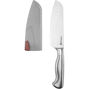 image:imageSabatier Forged Stainless Steel Slicing Knife with Edgekeeper SelfSharpening Blade Cover HighCarbon Stainless Steel Kitchen Knife RazorSharp Knife to Cut Fruit Vegetables and more 8Inch7Inch Santoku Knife